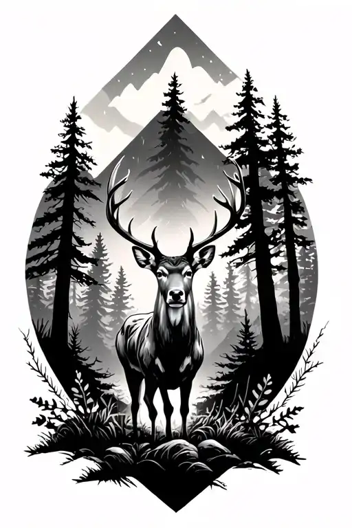 A Deer Standing In The Foreground Of A Forest Silhouetted In A Diamond