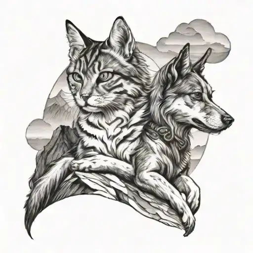 A Cat And Dog Playing Harmoniously In A Mountain Setting