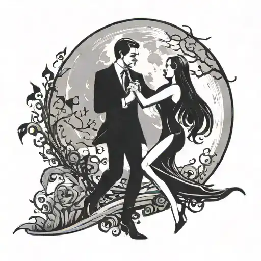 A Silhouette Of Gomez And Morticia Addams Dancing Under A Full Moon