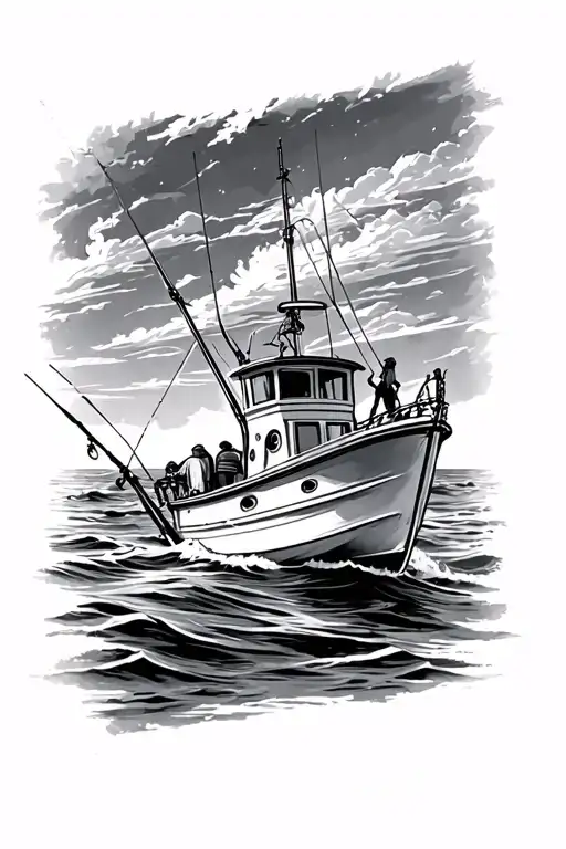 Fishing On A Boat In The Ocean With A Sunset Sky