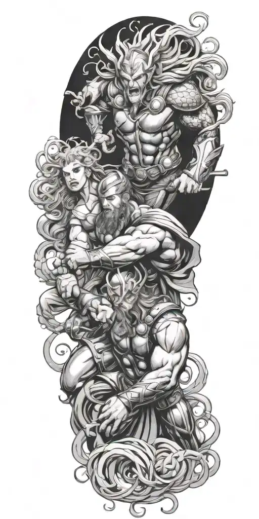 Thor Battling A Fierce Medusa In A Mythical Showdown