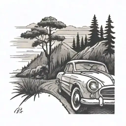 A Tattoo Design Of A Car Speeding Through A Nature Landscape With A Gym Symbol On The License Plate
