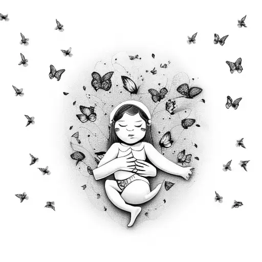 Women Holding Her Baby Surrounded With Small Butterflies And Flowers