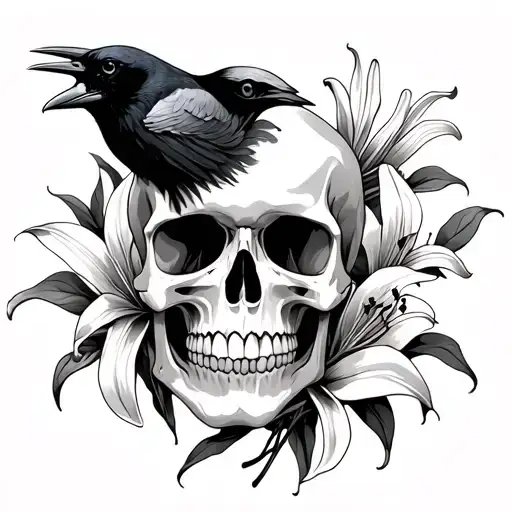 Skull With Crow And Lillies