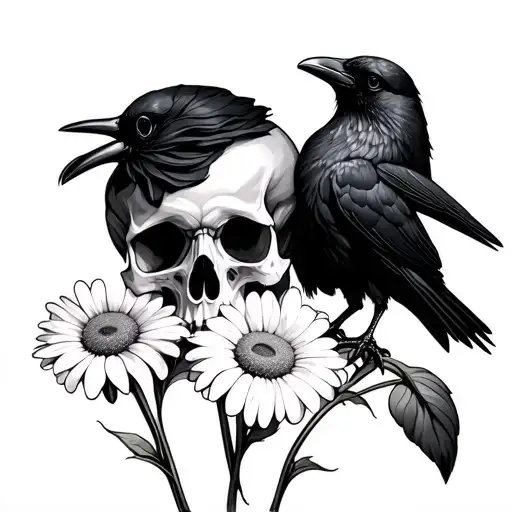 Skull Daisies And Crow