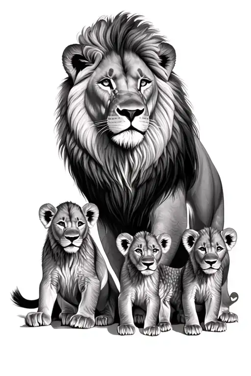 Male Lion And 4 Cubs