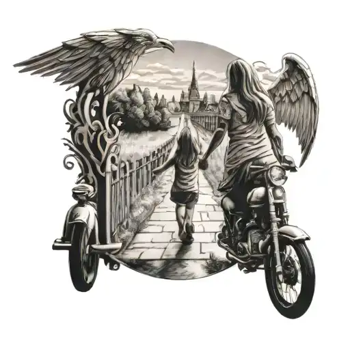 Mother And Daughter At Beginning Of Road Watching Son Walk Into The Gates Of Heaven