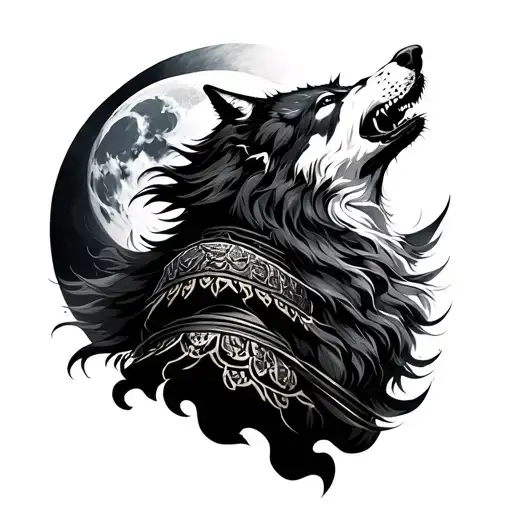 Samurai And Wolf Howling At The Moon