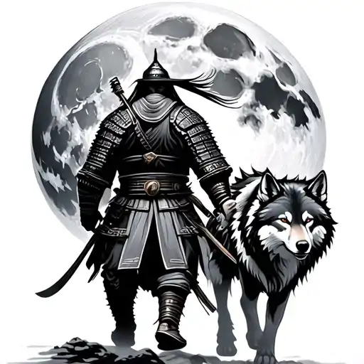 Samurai And Wolf Walking With A Moon Behind Them