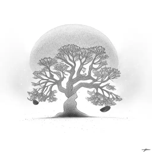 A Black-grey Tattoo Of A Tree Growing Out Of A Camera Lens With Stars In The Background