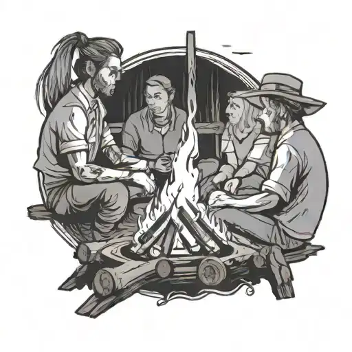 3 Men Sitting In A Circle Around A Campfire On Wooden Logs Mourning Their Friend