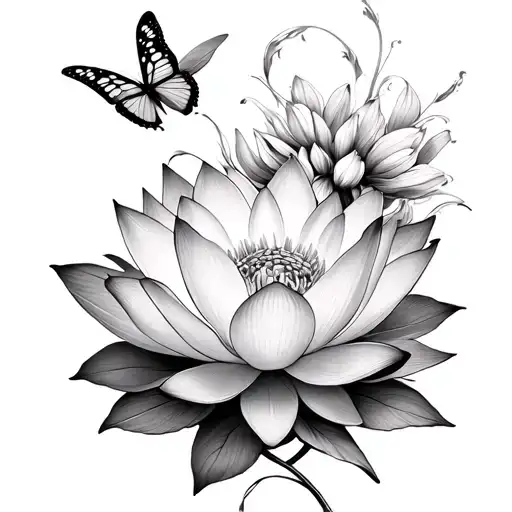 Butterflies With Lotus Flower Blooming
