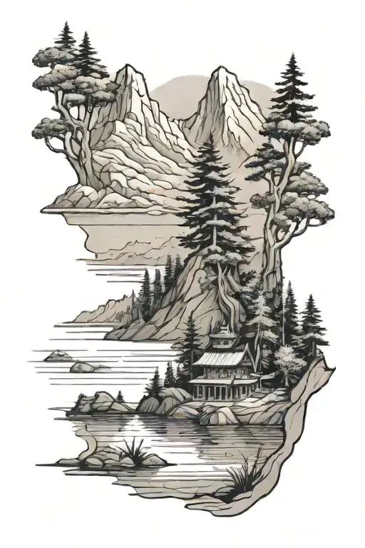 A Mountain With Trees And A Lake In Front Of It And A Soldier Kneeling By The Lake