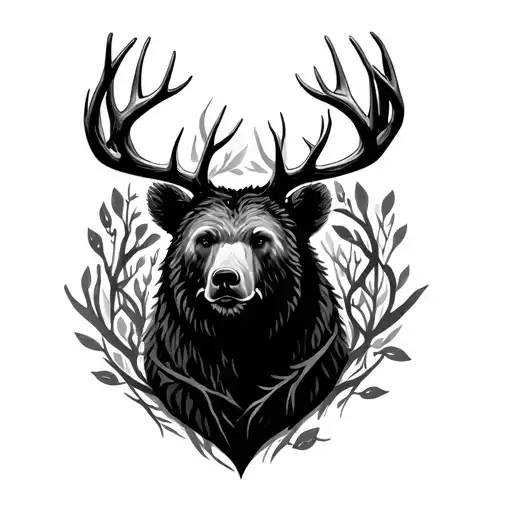 Bear Silhouette Surrounded By Deer Antlers Intertwined