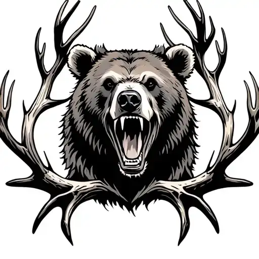 Bear Roaring Silhouette Surrounded By Deer Antlers Intertwined