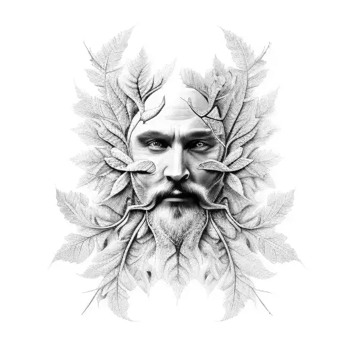 A Black And Grey Portrait Of The Green Man With Intricate Leaf Patterns