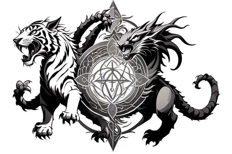 Tiger And Dragon Fighting For An Sphefere With A Metatron Symbol In It