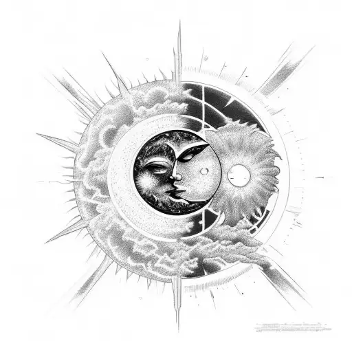 A Celestial Scene With The Sun And Moon Engaged In A Battle