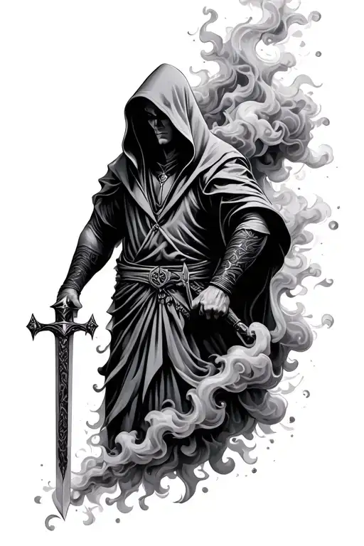 Hooded Figure With Sword Within Intricate Smoke Pattern