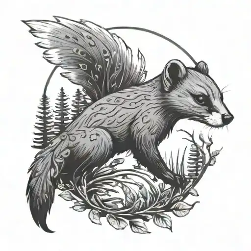 Weasel With A Forest Decor And A Sun