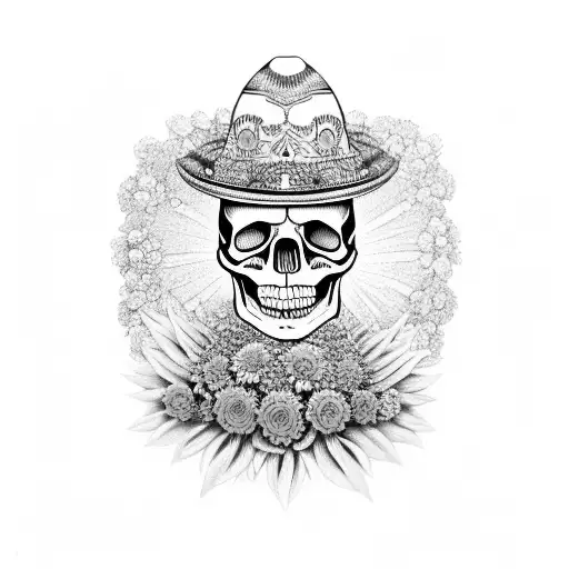A Detailed Skull Wearing A Sombrero Surrounded By Vibrant Marigold Flowers