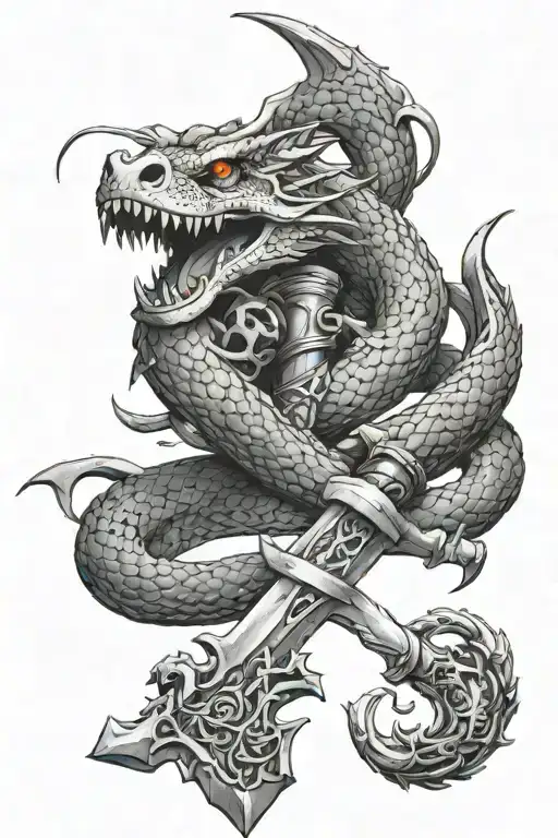 Snake And Dragon Wrapped Around A Sword With A Skull At The Hilt Of The Sword