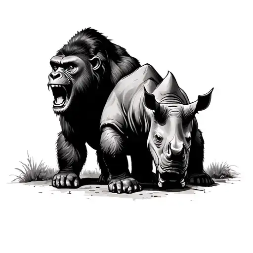Lion Roaring Connected To A Gorilla Next To A Rhino