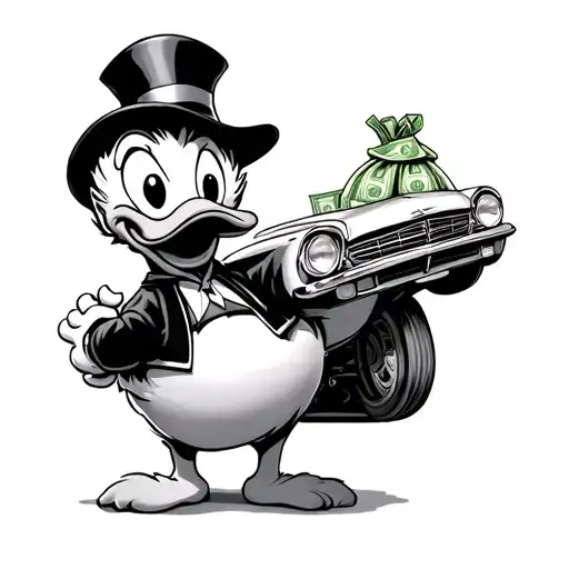 Scrooge Mcduck With Money Bag And Modern Car