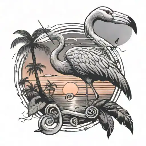A Black-grey Tattoo Of A Flamingo Playing A Musical Instrument In A Florida Sunset Scene