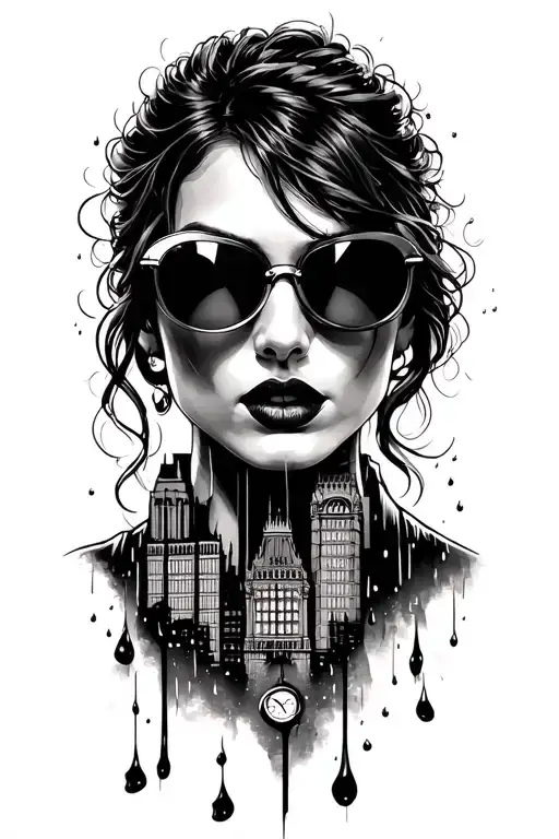 Rainy London Skyline Woman With Aviators