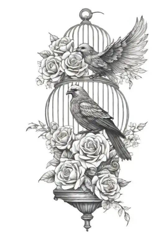 I Want Full Black Arm With White Drawing Colombes In A Cage With Flower