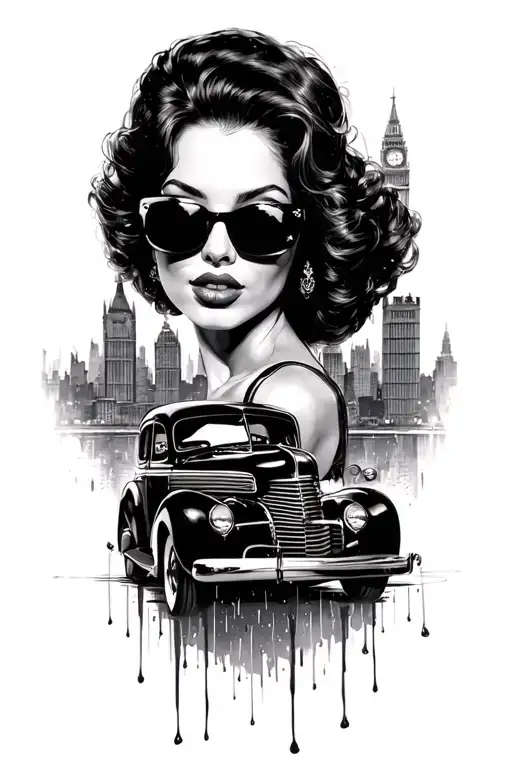 Rainy London Skyline Woman With Aviators 1937 Black Chevy Coupe