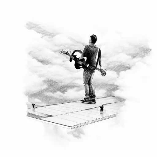 A Black And Grey Sketch Of A Guitarist Playing On Top Of An Airplane Wing