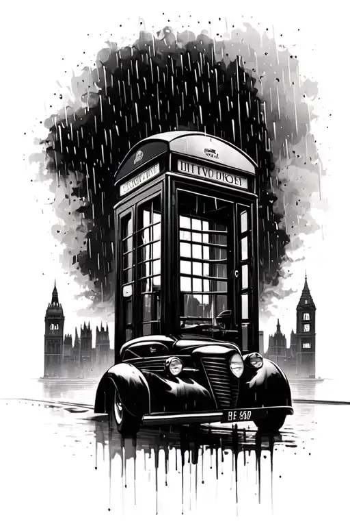 Rainy London Skyline 1937 Black Chevy Coupe Phone Booth