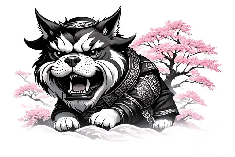 Fu Dog Surrounded By Cherry Blossom Trees And Japanese Temples Protected By A Samurai