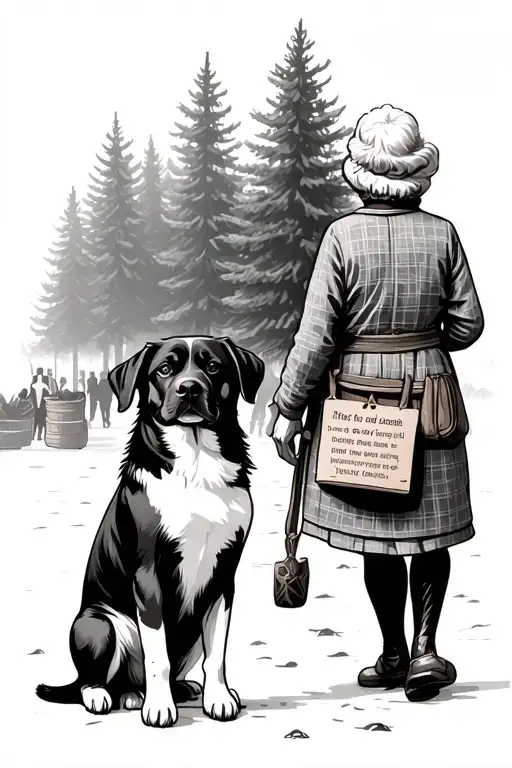 A Dog Sitting From Behind Next To A Merchant Grandmother Walk To A Fir Forest