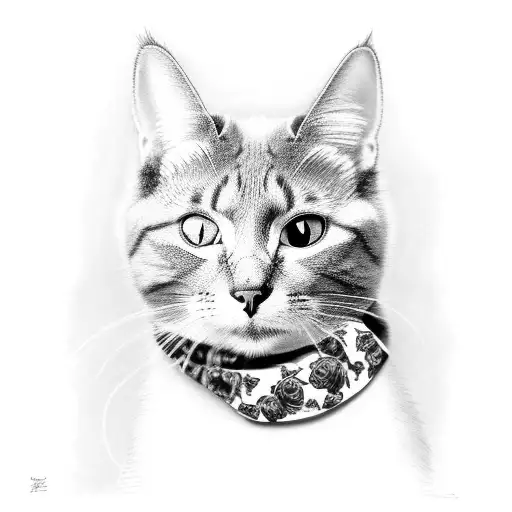 A Black And Grey Portrait Of A Cat Wearing A Guns N' Roses Bandana