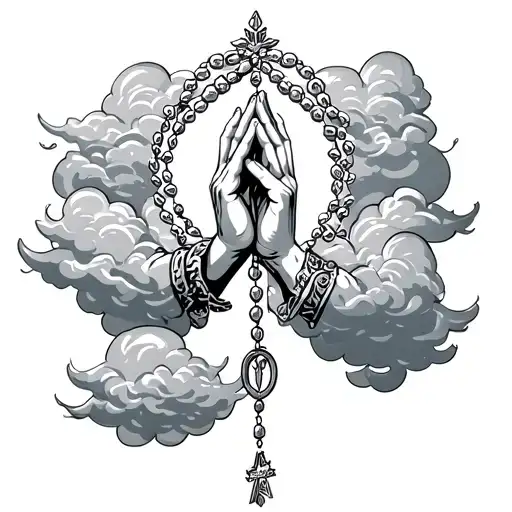 Praying Hands Holding Rosary Surrounded By Clouds