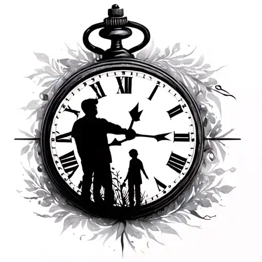 Pocket Clock And The Silhouette Of A Father And Young Son
