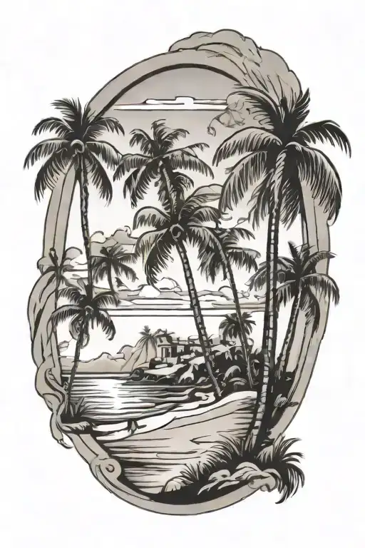 History And Beach Scene With Palm Trees