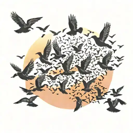 A Silhouette Of A Flock Of Birds In Flight Against A Colorful Sunset Sky