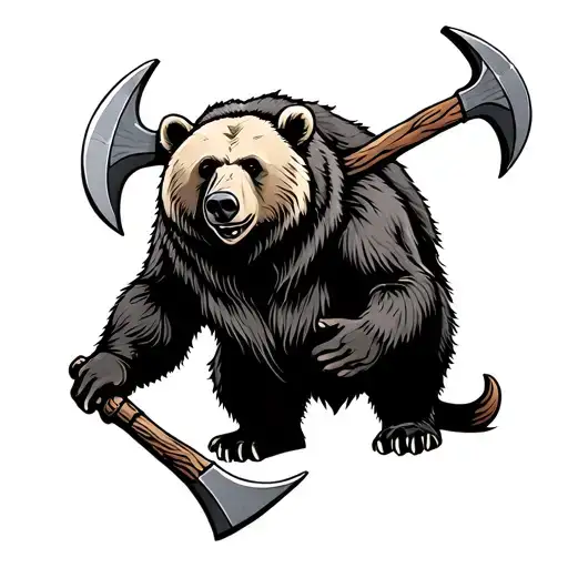 Scandinavian -Style Bear With Axes In The Paws Of Blackly White