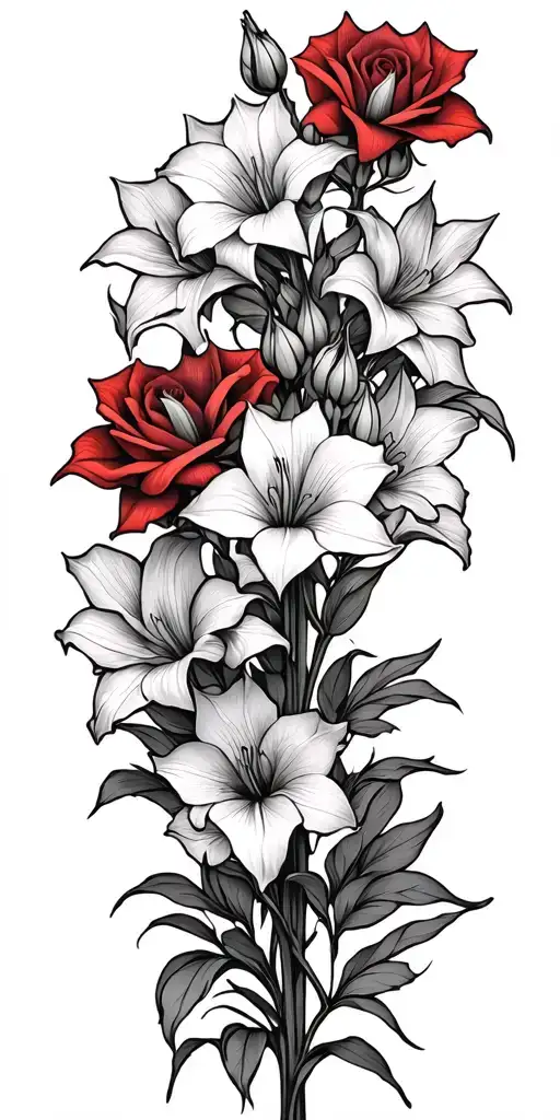 Gladiolous Flowers Grouped With Red Roses Growing Together