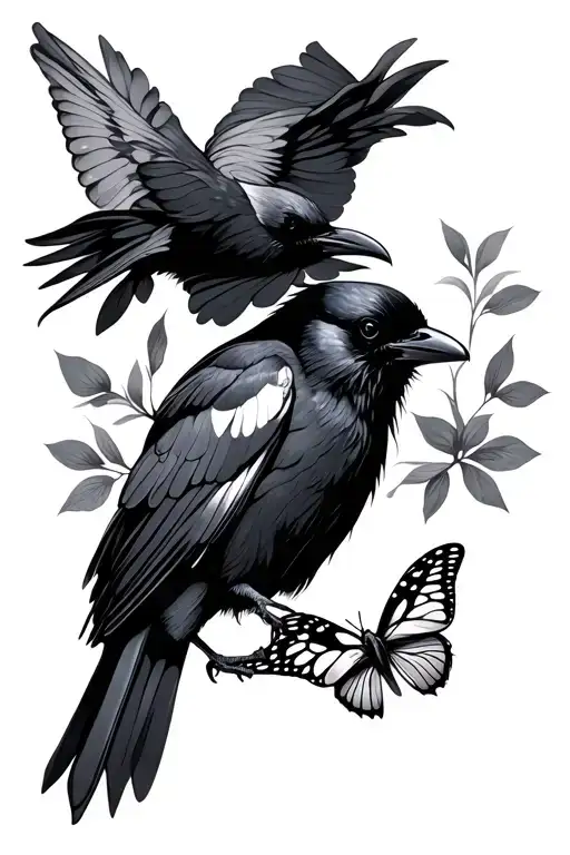 Crow And Butterfly Flying Together