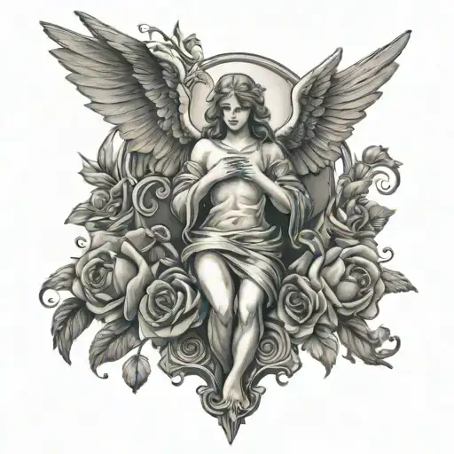 Cross With An Angel With Wings And Pigeons And Roses