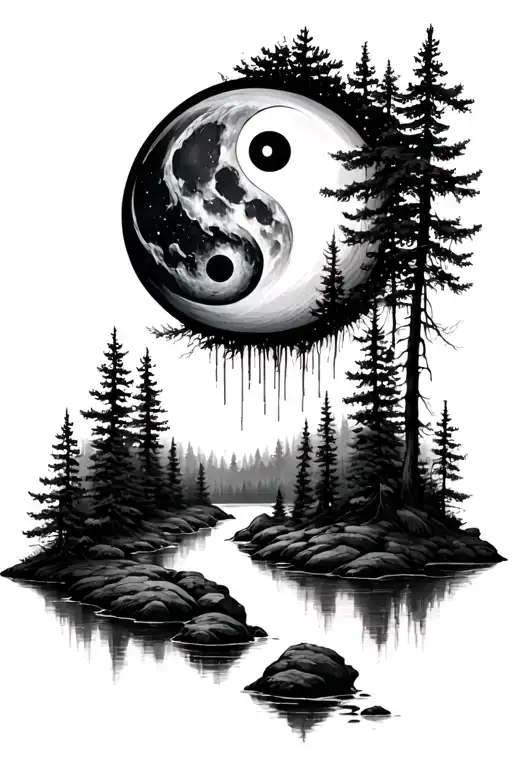 A Pine Forest With A Creek Running Through It Reflecting A Yin And Yang Moon