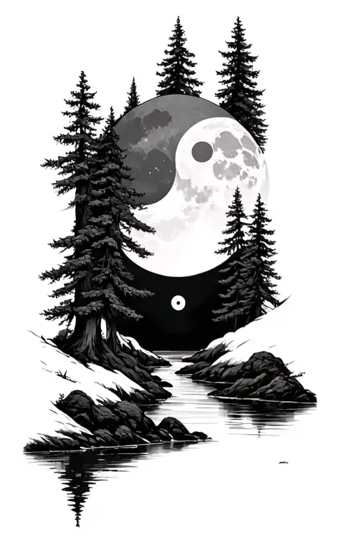 A Pine Forest With A Creek Running Through It Reflecting A Yin And Yang Moon