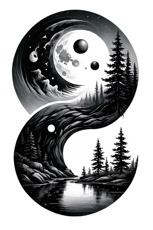 A Pine Forest With A Creek Running Through It Reflecting A Yin And Yang Moon