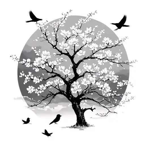 Cherry Blossom Tree With Three Birds