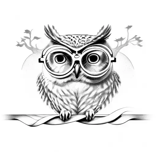 Realistic Owl With Glasses Sitting On Skull With Snake